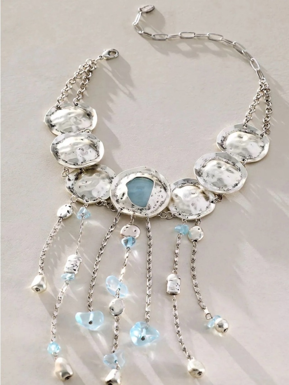 Free People Silver-Tone Disc Necklace with Light Blue Drops -SOLD OUT